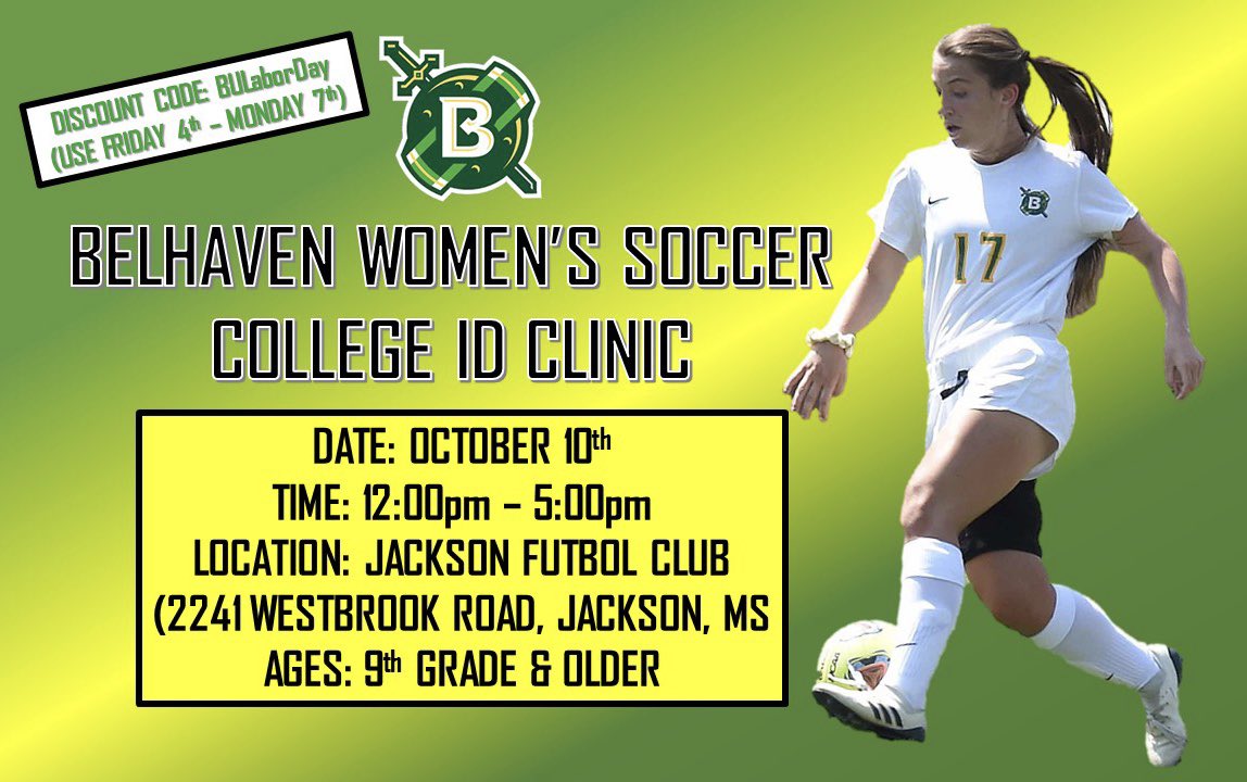 BelhavenWSoccer's tweet photo. Use code BULaborDay to receive 10% discount when registering for our October 10th ID Clinic! Discount will run from Friday 4th until end of day on Monday 7th September!  Register today using the link in our bio! #IDClinic #GoBlazers https://t.co/MUhFcHpfZI