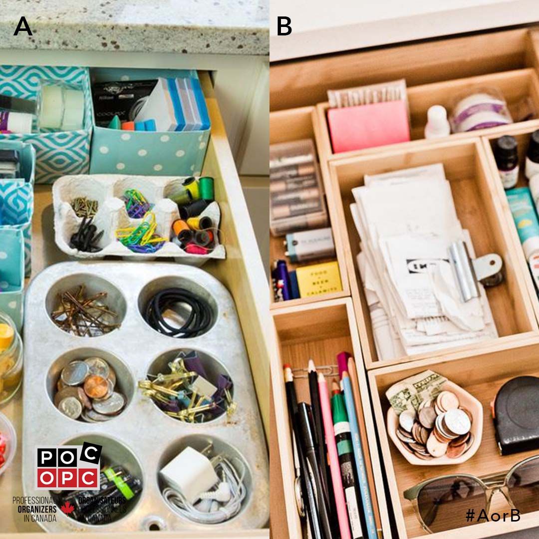 POCCanada's tweet image. How do you deal with that dreaded drawer of junk that everyone seems to have? Muffin tins? Boxes? #AorB
#ProfessionalOrganizers