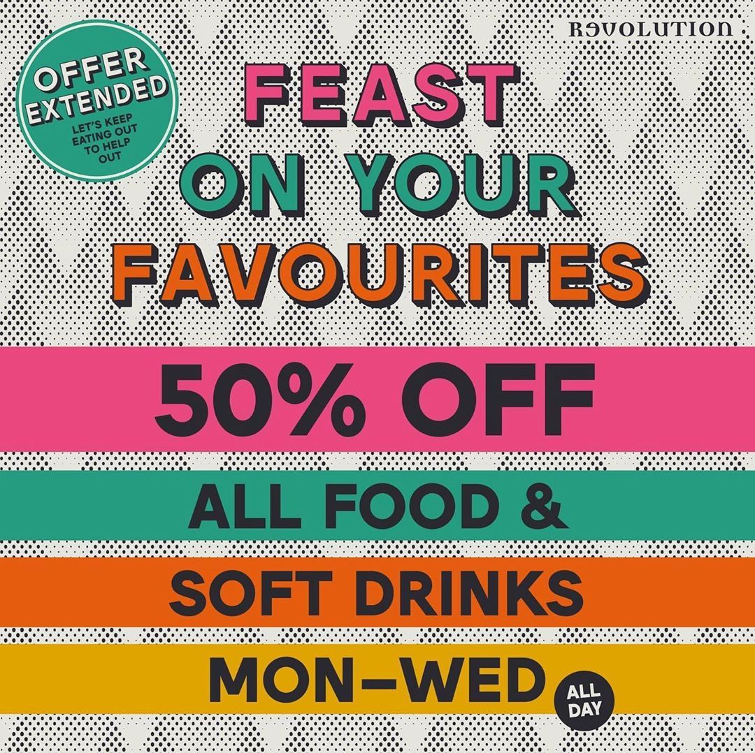 👀Did you enjoy eating out to help out? As @revs_solihull are re-opening on the 7th, they've decided to jump on the bandwagon and offer the scheme throughout September! Enjoy 50% off all food & soft drinks, including mocktails!

Book your #revsdate today👉 revolution-bars.co.uk/bar/solihull