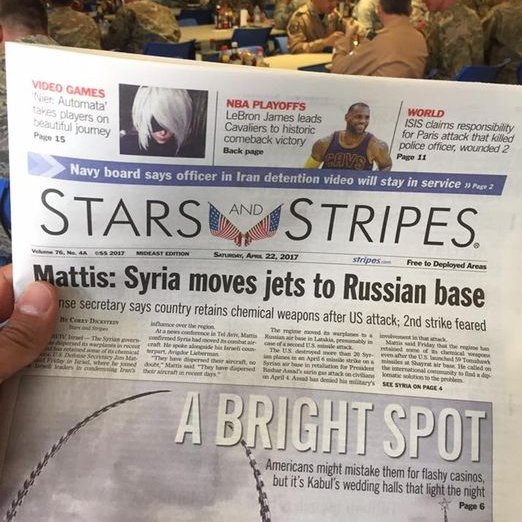 I picked up this copy of Stripes at chow time at Al Udeid Air Base, in Qatar, in 2017, where there were 9,500 Americans that few Americans even know about, launching essential intelligence missions in the skies above Iraq and Syria during the ISIS war.