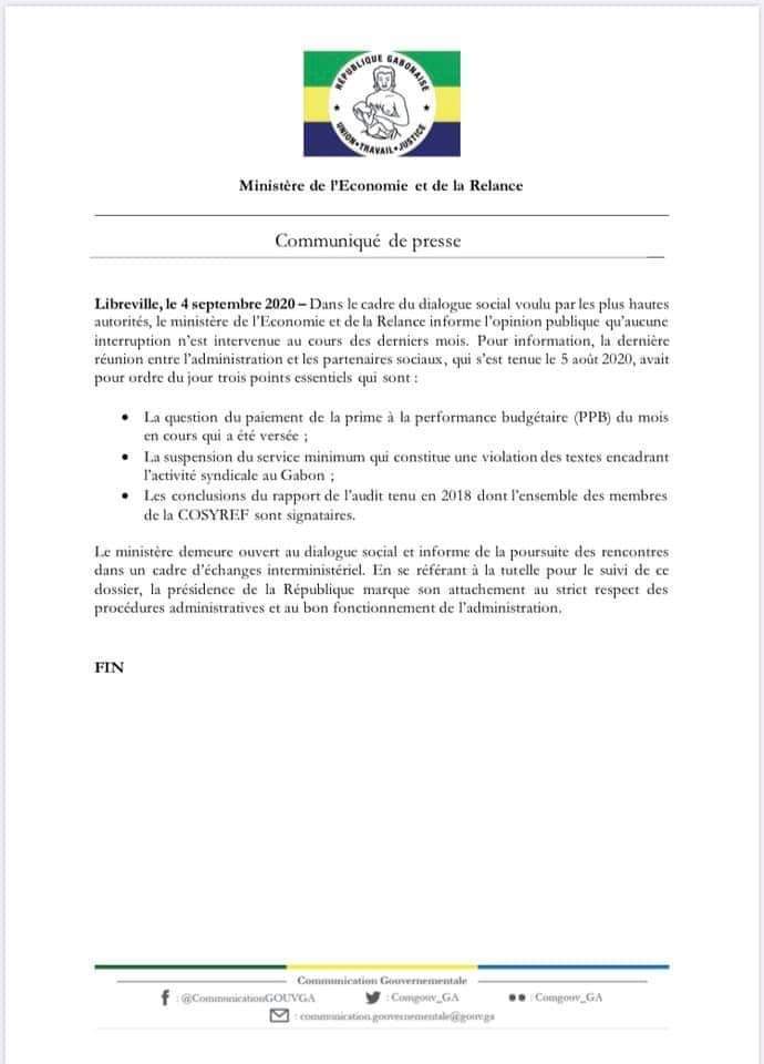 Encore une autre diversion de la part du ministère de l'économie. 
Que cache-t-il à l'opinion ? Il convient ici de préciser que cette était informelle  et la COSYREF n'était nullement partie prenante.<a href="/NoureddinBV/">Noureddin Bongo Valentin</a> <a href="/SOmbindha/">Sylvain OMBINDHA TALHEYWA III</a>