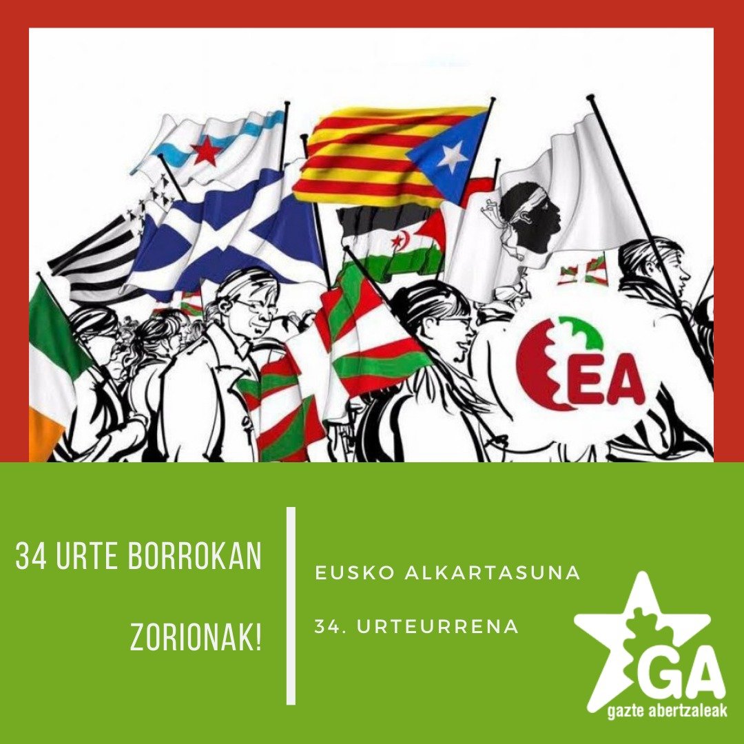 GA_araba's tweet photo. 34 urte Euskal politikan garai berriak ireki zirenetik, lehen urratsa gure Araban.
Eskerrak eman besterik ez dugu gure aurretik borroka honetan egon direnei. Izan zinetelako gara! ✊✊
Zorionak @ealkartasuna !
#EA34 https://t.co/KjE7CF0DIz
