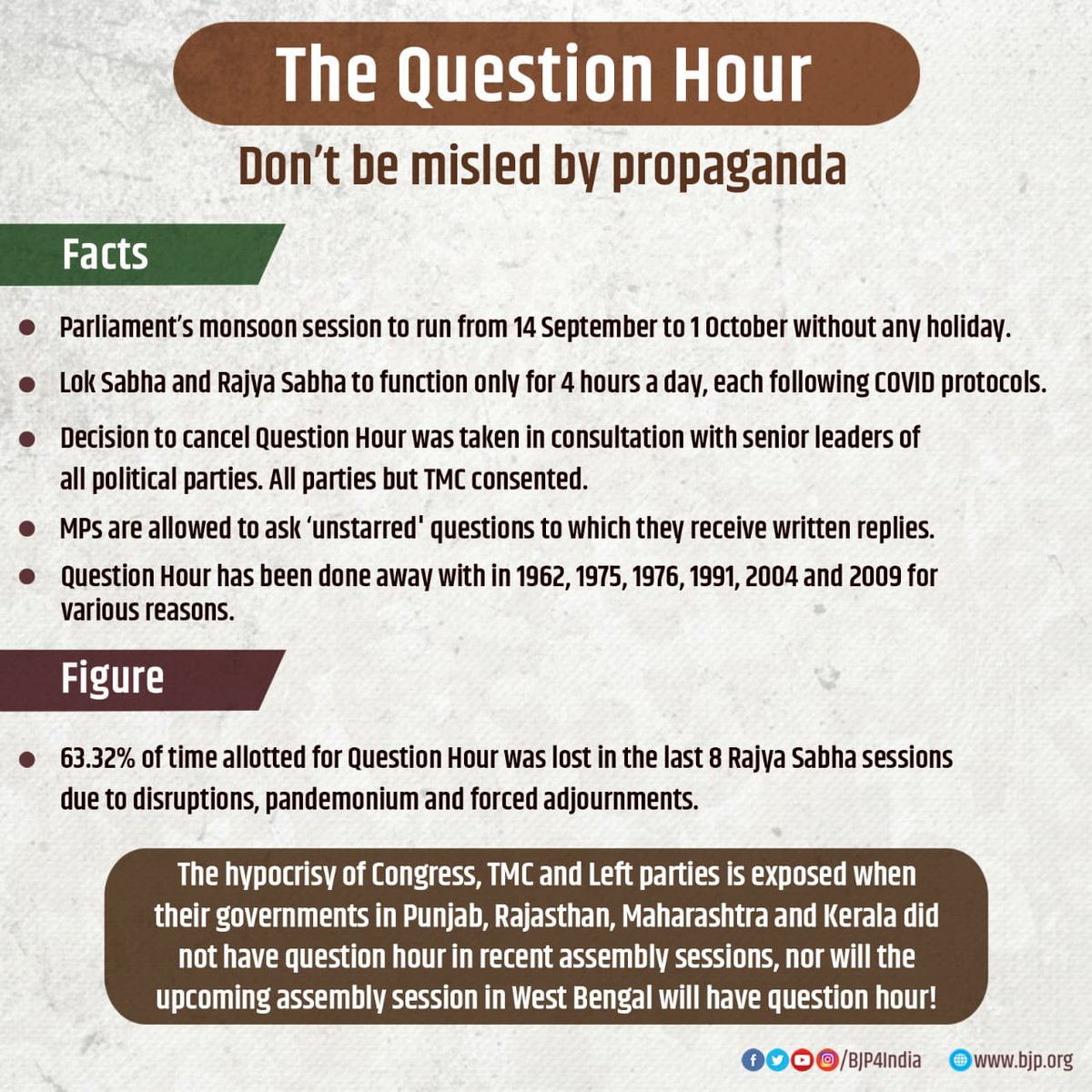 BJP4India's tweet photo. The hypocrisy of Congress, TMC and Left parties in opposing the cancellation of the ‘Question Hour’ in the upcoming Monsoon session of the Parliament is totally exposed.

Here is why... https://t.co/iwdoD3mcDZ