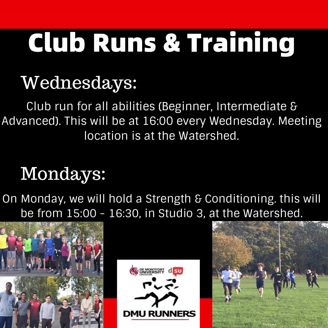 DmuRunners's tweet photo. This is the times and locations of our sessions for the upcoming year. We are very excited and can’t wait to get started! 

More details about the club and our plans here https://t.co/NDB8cExmSe https://t.co/wpoWnu9fel