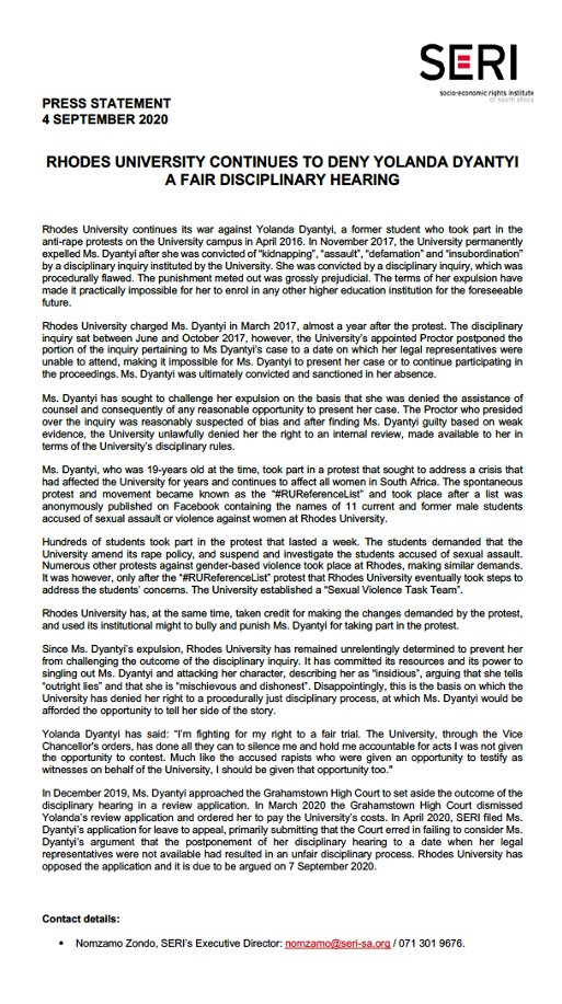 6/ Since 2017, Rhodes has remained unrelentingly determined to prevent Yolanda from challenging the outcome of the disciplinary inquiry. Rhodes has opposed Yolanda's application for leave to appeal. It will be argued on 7 September 2020. #StandWithYolanda |  #RhodesWar