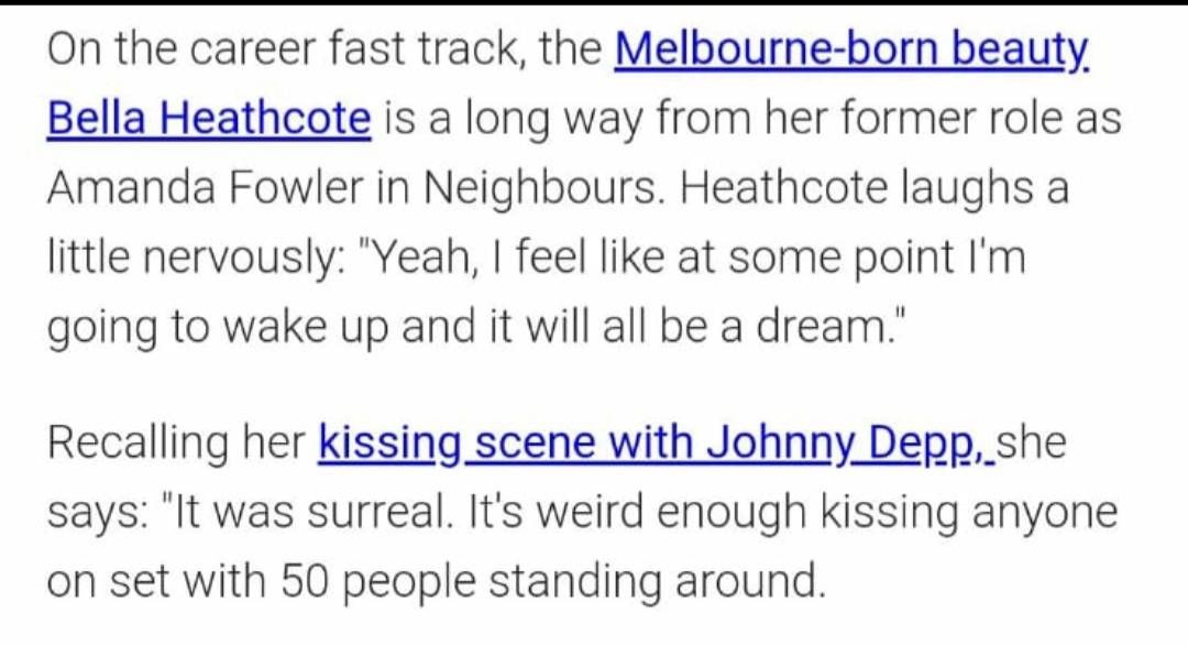  #BellaHeathCote on  #JohnnyDepp "The day before the kiss he came up to me and said, 'How do you feel about it?It's kind of weird. Isn't it?' Given who he is,he's learned how to make people feel comfortable around him" #DarkShadows (2012 film)