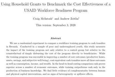 Should developing countries use training or cash grants to combat youth unemployment?Craig McIntosh & I have a new paper out today helping answer that question, working in Rwanda w/  @poverty_action,  @EDCtweets,  @GiveDirectly, &  @USAIDWorking paper:  http://bit.ly/BenchmarkingGDHD.