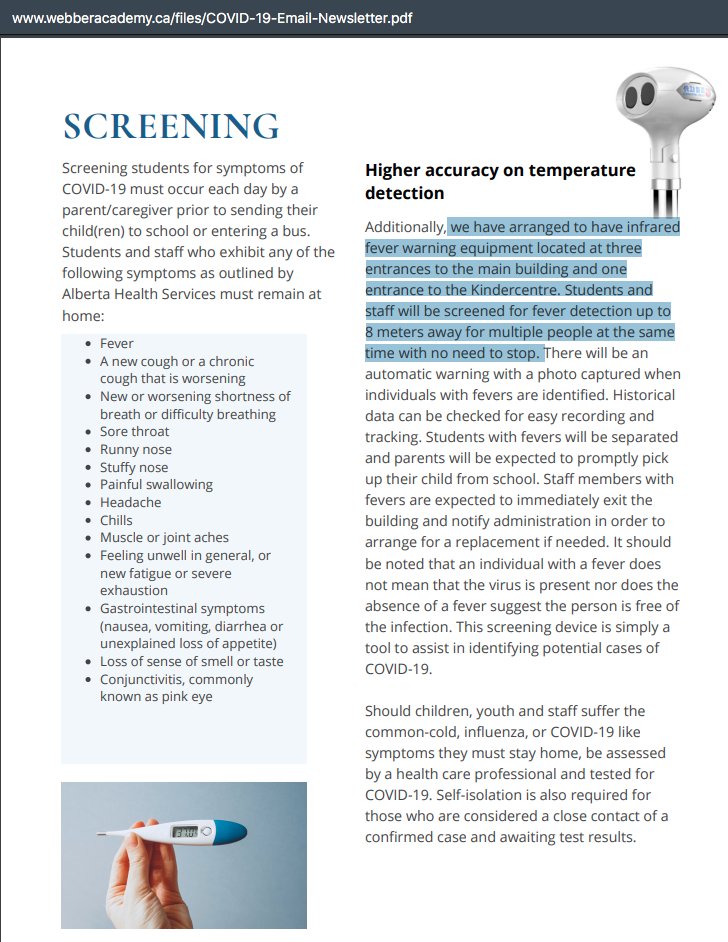 How did Webber prepare for reopening BEFORE receiving federal grant money via the  #UCP? With (expensive) "infrared fever warning equipment... Students and staff will be screened for fever detection up to 8 meters away for multiple people..." #abed  https://web.archive.org/web/20200904145859/https://www.webberacademy.ca/files/COVID-19-Email-Newsletter.pdf
