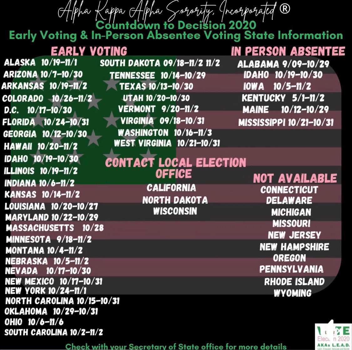 Countdown to Decision 2020:
Florida early voting will take place October 24th-31st. For more information on specific deadlines be sure to visit your local Secretary of State. 
💗💚
#AKA1908 #Election2020 #YourVoteMatters #AKASLEAD #GOTV