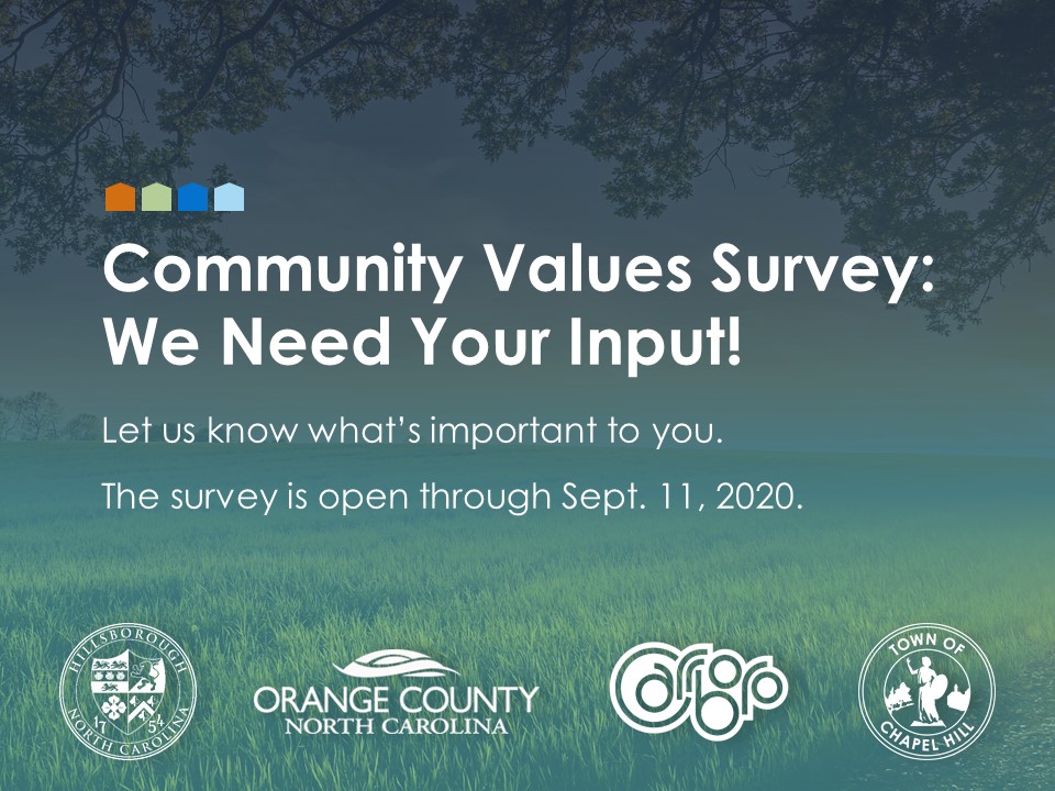 We need your input! Until 9/11/20, the countywide Long-Term Recovery Group is conducting a community values survey. Let us know what’s important to you as we plan for long-term recovery at: surveymonkey.com/r/OrangeNCValu…. Printed copies are available upon request by calling 919-245-6111