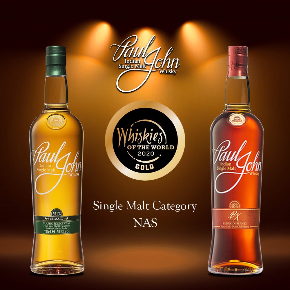PaulJohnWhisky's tweet photo. It's raining awards for #TheGreatIndianSingleMalt!
The results of @WhiskiesOTWorld 2020 are out and Paul John #SelectCasks - Classic & Pedro Ximinez have bagged GOLD medals while NIRVANA & EDITED have bagged SILVER OUTSTANDING medals in the Single Malt Category. https://t.co/B5z24KJ8ww
