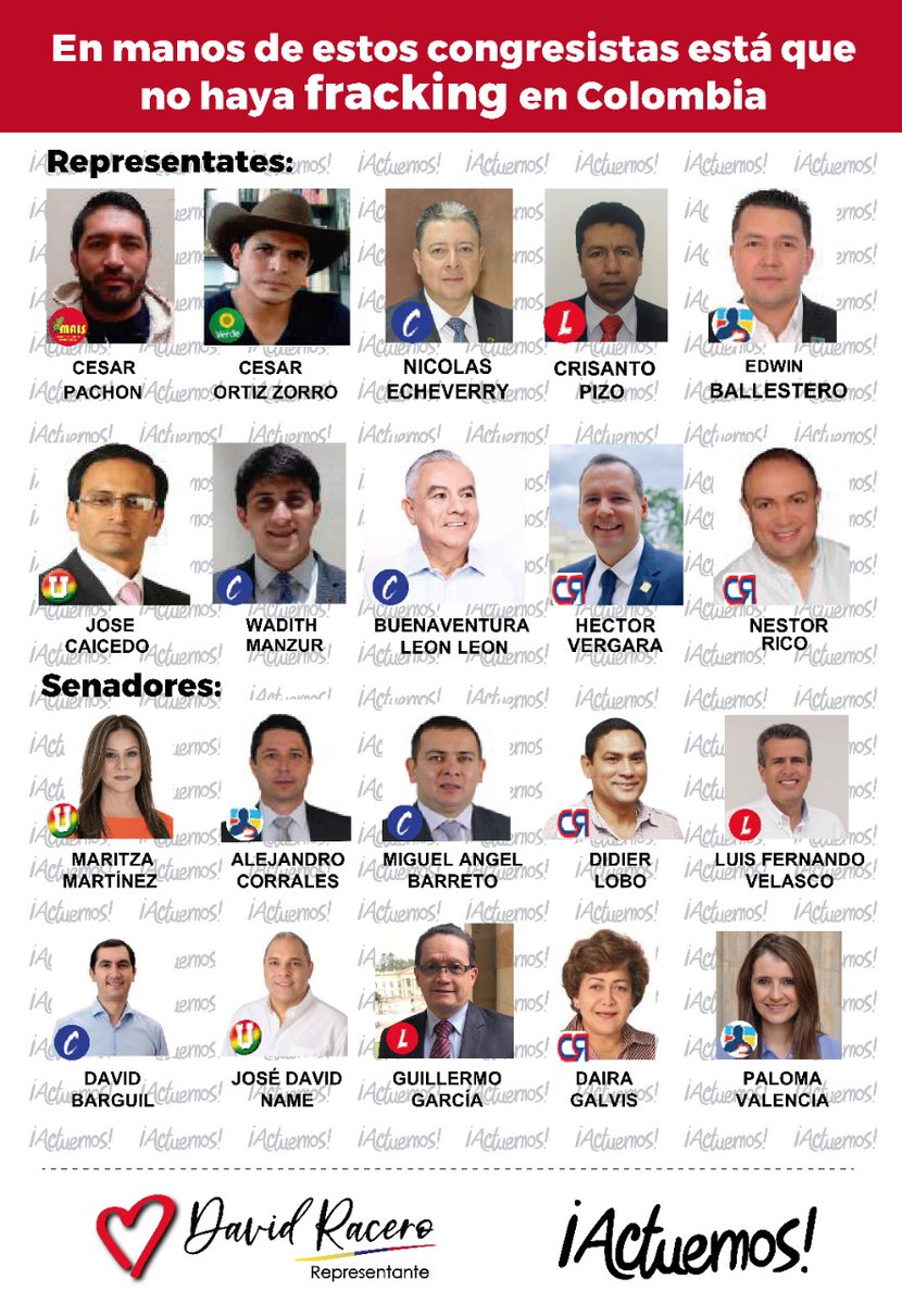 DavidRacero's tweet photo. Esta es la comisión de Representantes y Senadores delegados para conciliar el proyecto de Regalías donde aún es posible que revivan el artículo del Fracking. 

Debemos hacerles saber en redes nuestra posición. 

Ayúdenme a presionarlos. 

NO al Fracking!! https://t.co/3NEfRKUgc6