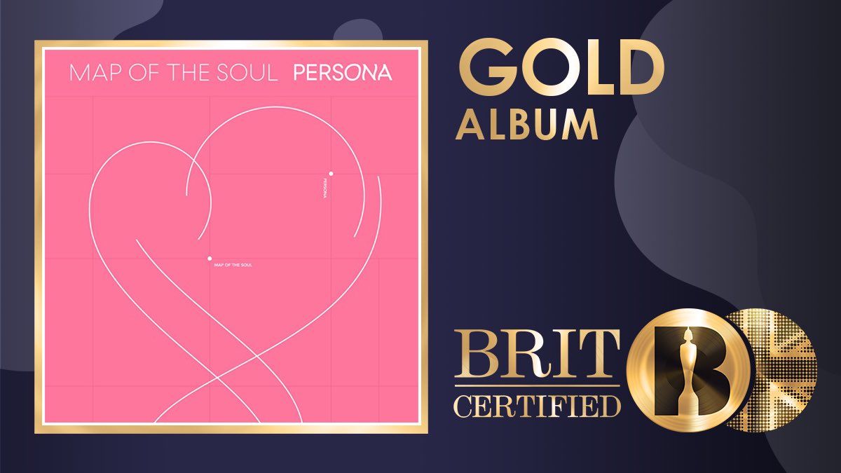 btsanalytics's tweet photo. "Map Of The Soul : Persona" has been certified Gold in the UK, their 2nd album to achieve this after "Love Yourself : Answer" 📀 https://t.co/wyjmK9QIT4
