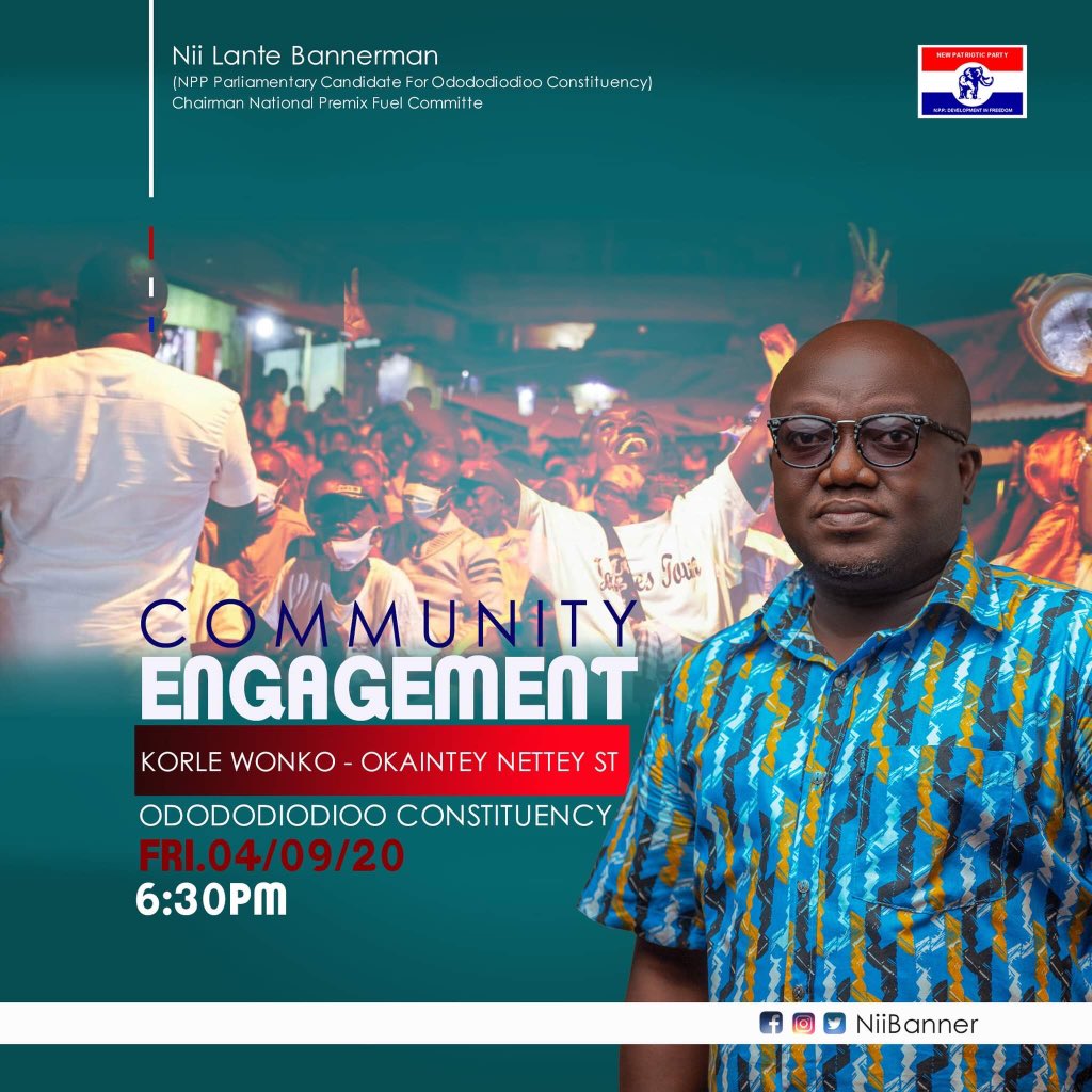 NiiBanner's tweet photo. Tonight our community engagement train stops at Korle wonko - Okaintey Nettey Street. I’m aiming at getting closer to the people, listening to their problems and putting before them what I have to offer.

#NiiBanner4MP
#Bannerman4Parliament2020l
#4MoreToDoMoreForYou https://t.co/RreiO02Eqa