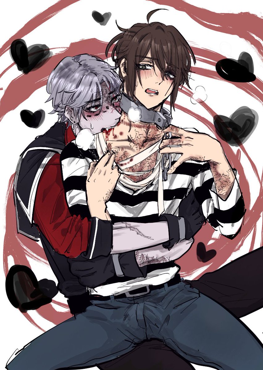 prison clothes bite mark multiple boys male focus yaoi 2boys striped shirt  illustration images