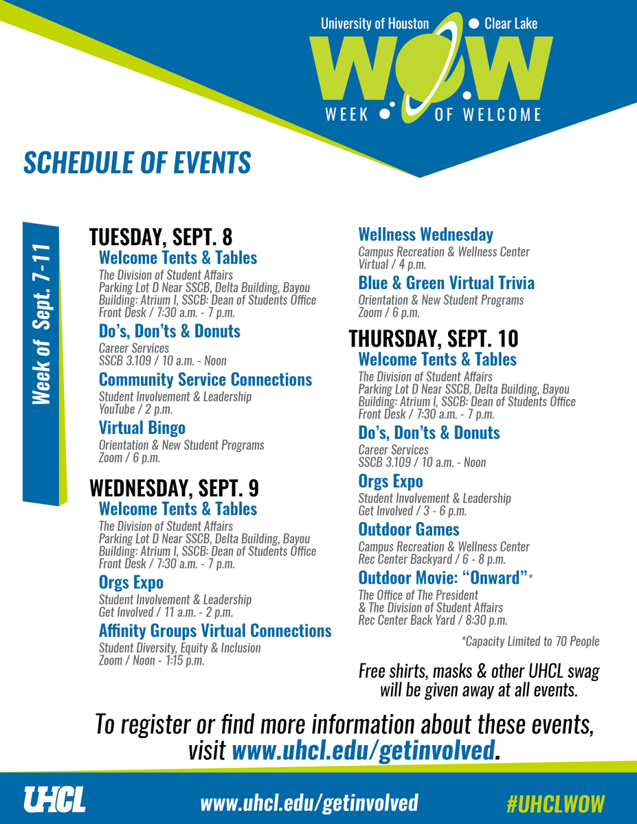UHCL Hawks - we hope that you will join us for Welcome Week beginning on Tuesday! Lots of great events happening next week 😃