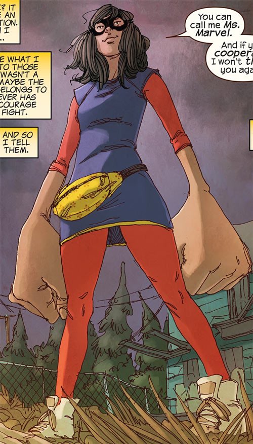 Ms. Marvel has mass alteration. She can make certain parts of her body larger, longer or shorter. She can become as large as a building or as small as an ant. She can also alter her physical appearance similar to Mystique.