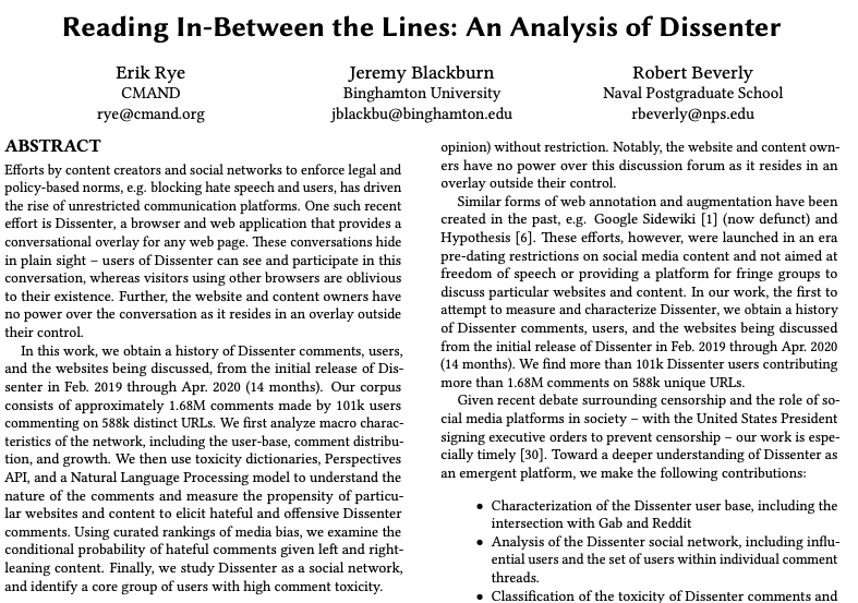 jhblackb's tweet photo. What do you do when social media companies ban you from commenting? a) stop being an asshole or b) make your own browser that let's you comment on things even though you've been banned? In our (@gigaryte and @BadCksum ) #IMC2020 paper, we study Dissenter. https://t.co/DzksuY3mHW https://t.co/V7Ghhnhz0L