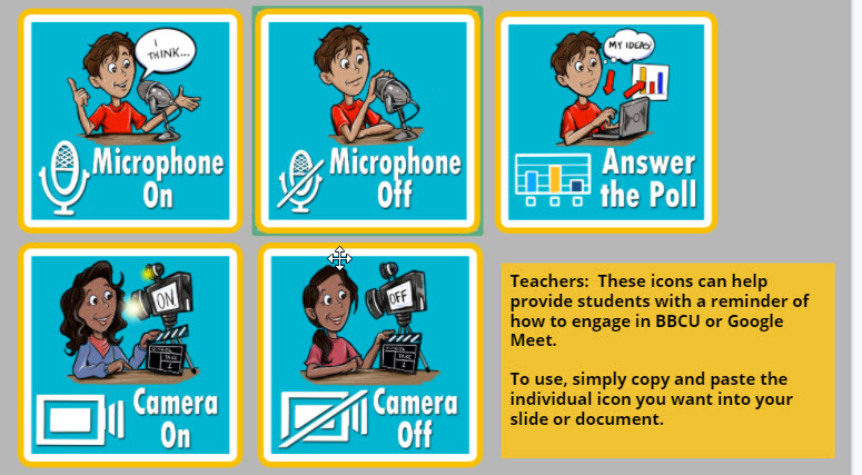 JeffLonnett's tweet photo. Teachers: These icons can help provide students with a reminder of how to engage in BBCU or Google Meet. To use, simply copy and paste the individual icon you want into your slide or document #TechYesPBL https://t.co/oMD3og0pf0 https://t.co/wCg9RoRVHG