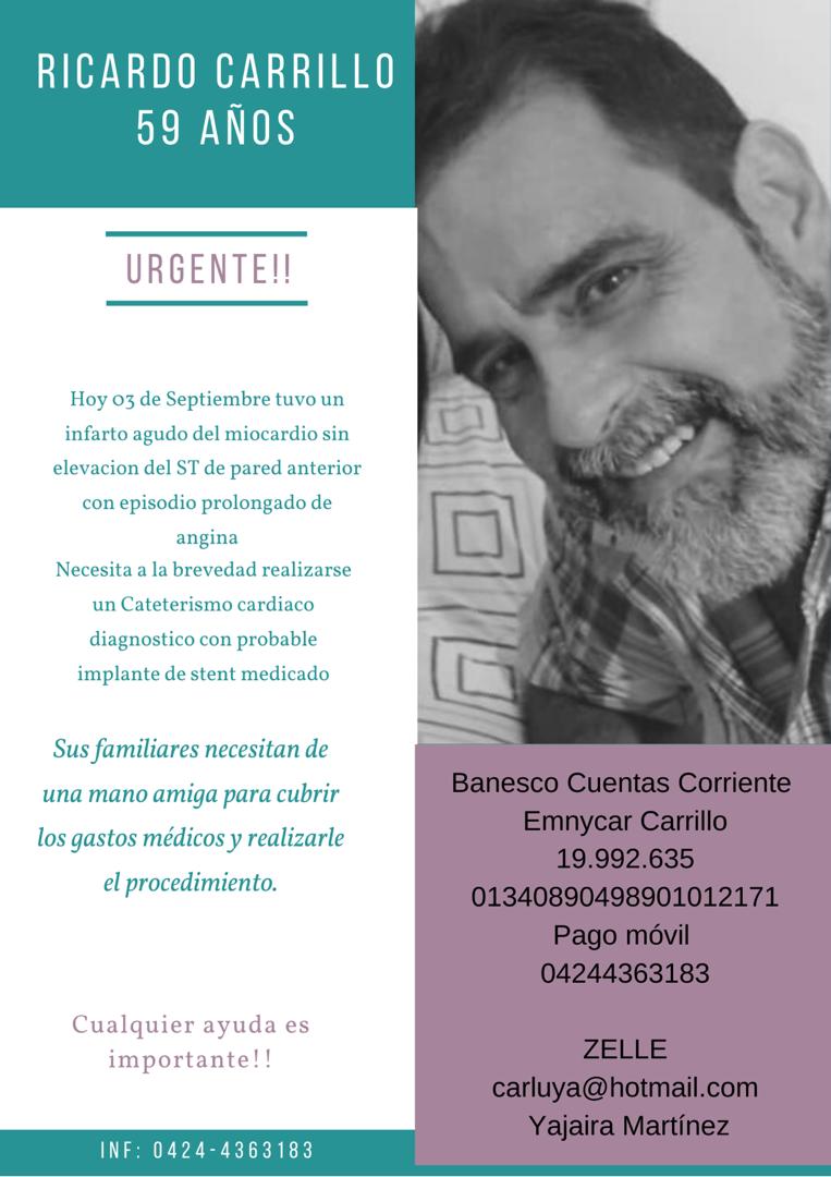 🚨#URGENTE🚨
El profesor Ricardo Carrillo de la <a href="/FaCE_UC/">FaCE-UC</a> necesita realizarse a la brevedad un Cateterismo cardíaco.
📞: 0424-4363183