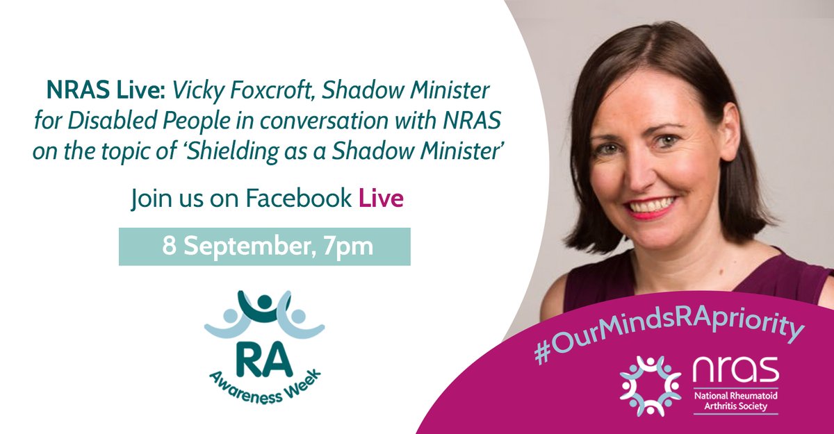 NRAS_UK's tweet photo. We are privileged to be joined by @vickyfoxcroft Shadow Minister for Disabled People on Tues 8 Sept at 7pm. She will be speaking with NRAS's @AilsaBosworth1 & @Samuel_NRAS about her experience of managing her RA & shielding.
Ask Vicky your questions here: https://t.co/GalLV8CWFv https://t.co/My4ZrxoOmO