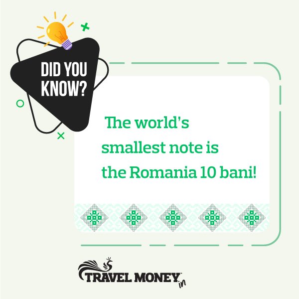 TravelmoneyIn's tweet photo. The smallest national note ever issued was the 10-bani note of the Ministry of Finance of Romania in 1917. It measured (printed area) 27.5 x 38 mm 
#travelmoneyindia #DidYouKnow #currencyfacts https://t.co/vEzX1zLzOS