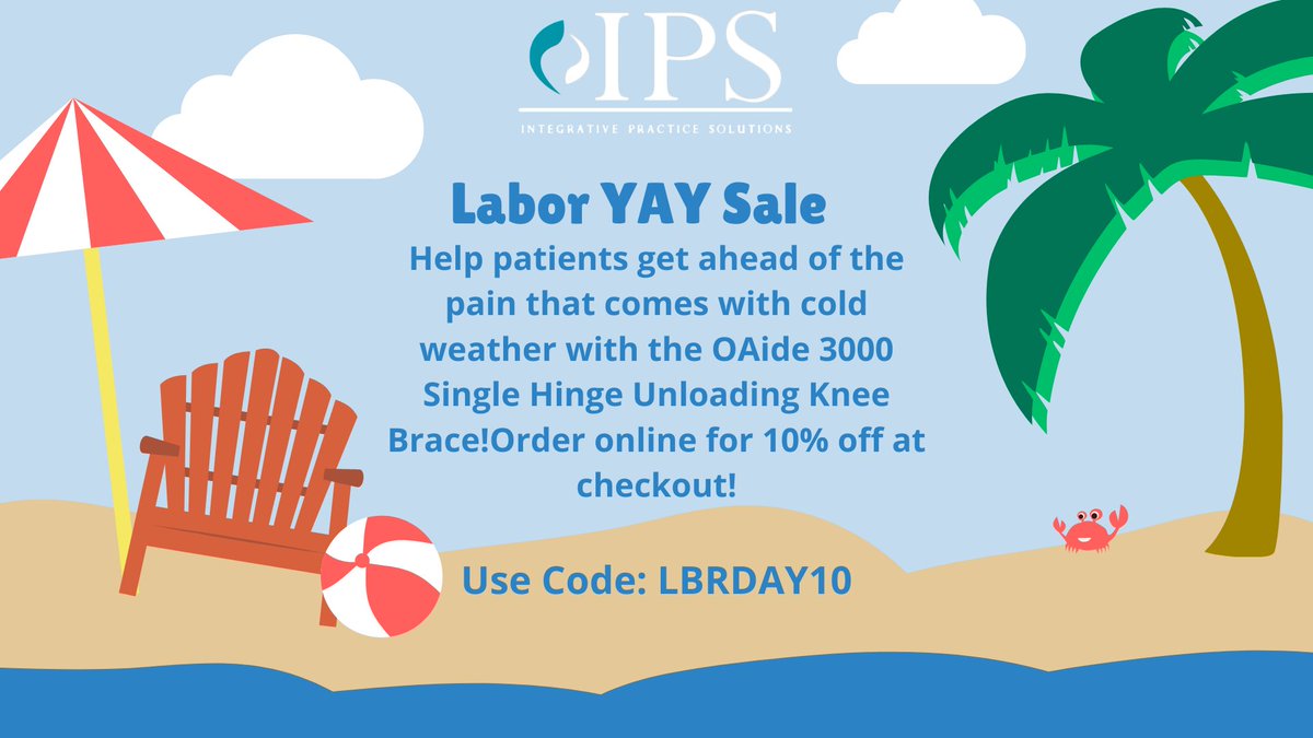 IPS_Tampa's tweet photo. The end of summer isn't sad with savings this good!
Help patients get ahead of the pain that comes with cold weather with the OAide 3000 Single Hinge Unloading Knee Brace!
Order online for 10% off at checkout!
#IPS #osteoarthritis #kneetherapy #knee #kneepain #hyaluronicacid https://t.co/UTJYnlJtHN
