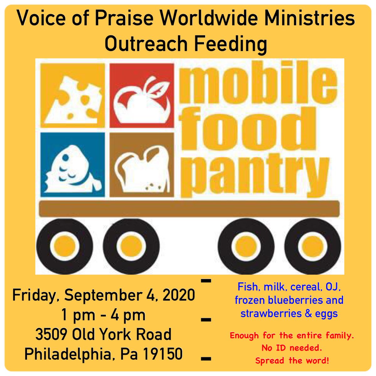 Thank you to Voice of Praise Worldwide Miniseries for hosting weekly food pantries. Make sure to stop by TODAY at 3509 Old York Road from 1pm-4pm. Please be sure to wear a mask and practice social distancing. Please share!