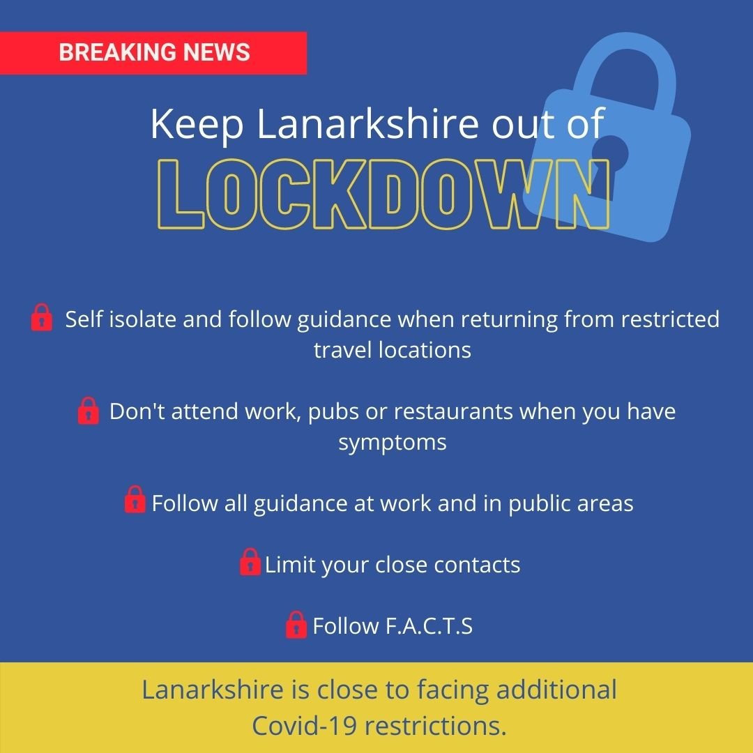 NHSLanarkshire's tweet photo. Help to avoid further Covid-19 restrictions in Lanarkshire. If you are returning from a restricted travel location, remember to isolate on return. Doing so could avoid a second lockdown. @nlancouncil @SouthLanCouncil  #KeepLOL #KeepLanarkshireoutoflockdown https://t.co/axB2cQcJKk https://t.co/0tVnhWXv7b