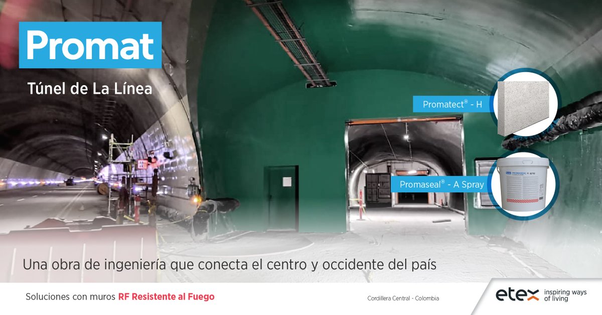 Etexcolombia's tweet photo. Promat hace parte de la obra de ingeniería más grande de Colombia, el Túnel de La Línea, en las galerías del túnel cuenta muros resistentes al fuego de 120 min con #PromatectH. Gracias a @InviasOficial  que confiaron en nuestras soluciones.

#EtexColombia #UnidosParaInspirar https://t.co/lshGJR5NLm