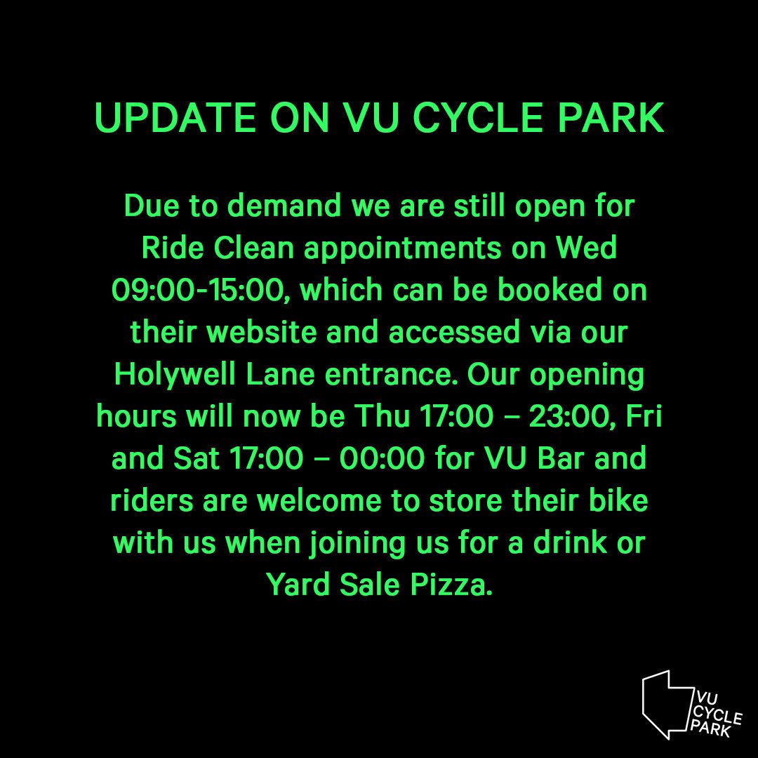 CycleVu's tweet photo. ℹ️ Important update regarding #VUCyclePark! 
Thank you all for your support and words of encouragement so far. We do hope you pay us a visit at VU Bar or book in for a clean with @Ride_Clean_ who will be with us on Wednesdays.
Ride safe! 🚲🍺 https://t.co/fNTqO2RSgB