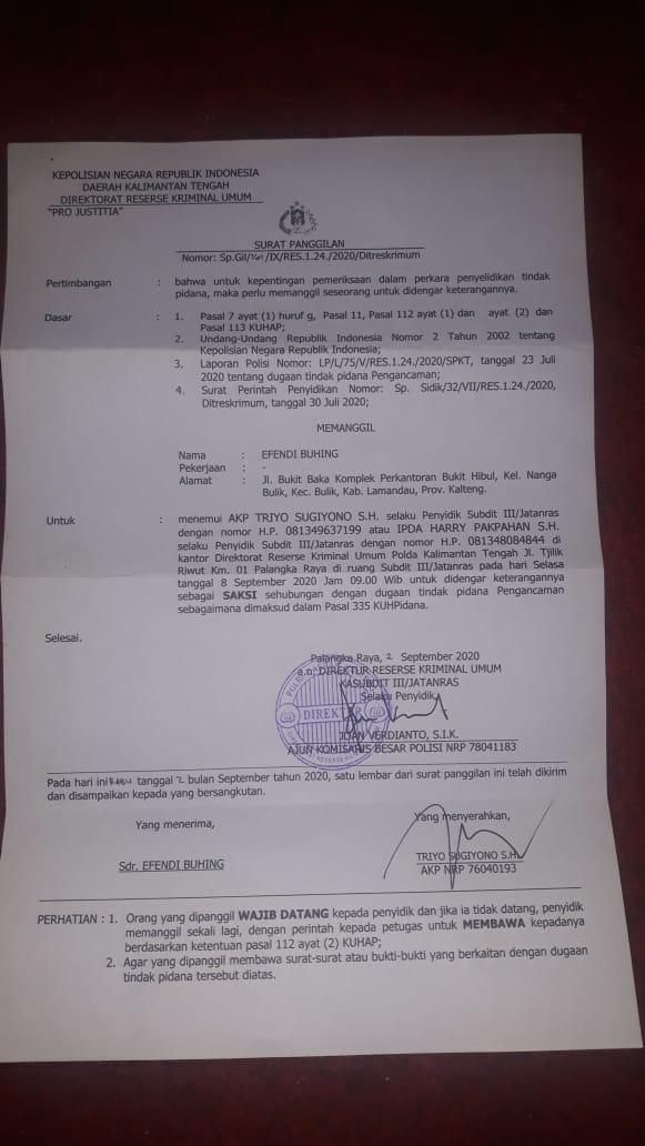 Petani Dayak Effendi Buhing muncul di <a href="/MataNajwa/">Mata Najwa</a> Jakarta. Kini polisi Kalimantan Tengah kasih surat panggilan, jadi saksi, entah untuk siapa, dugaan pidana "perbuatan tidak menyenangkan" #SaveKinipan