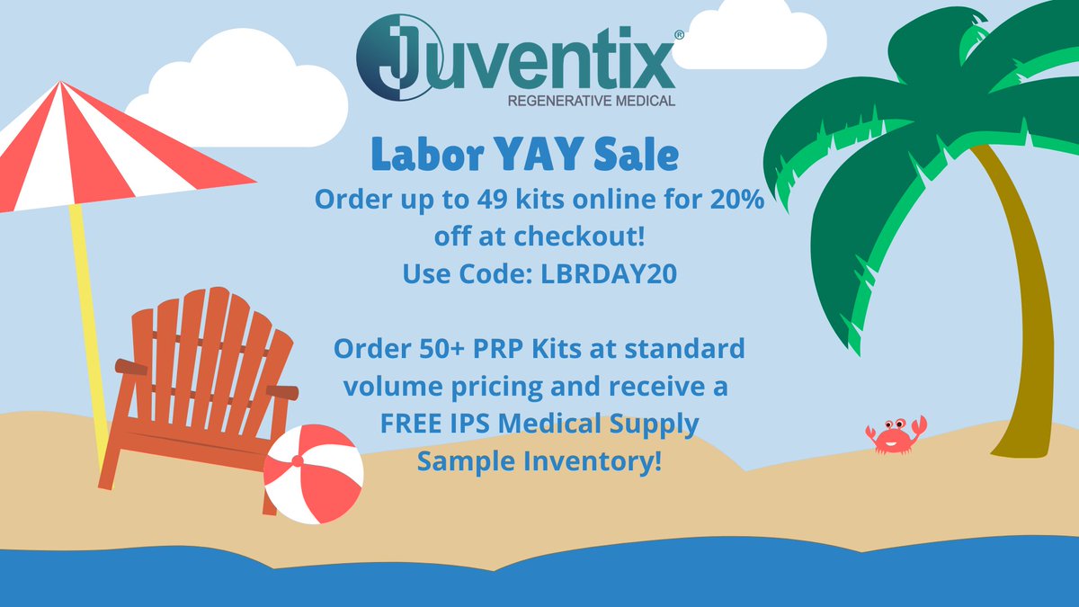 juventix's tweet photo. The end of summer isn't sad with savings this good!
Order up to 49 kits online for 20% off at checkout!
Dont forget to use code LBRDAY20

#JuventixRegenerativeMedical #Juventix #aestheticnurse #PRP #PlateletRichPlasma #PRPKit #regenerativemedicine #beforeandafter #antiaging https://t.co/E7QYqcAvZ1