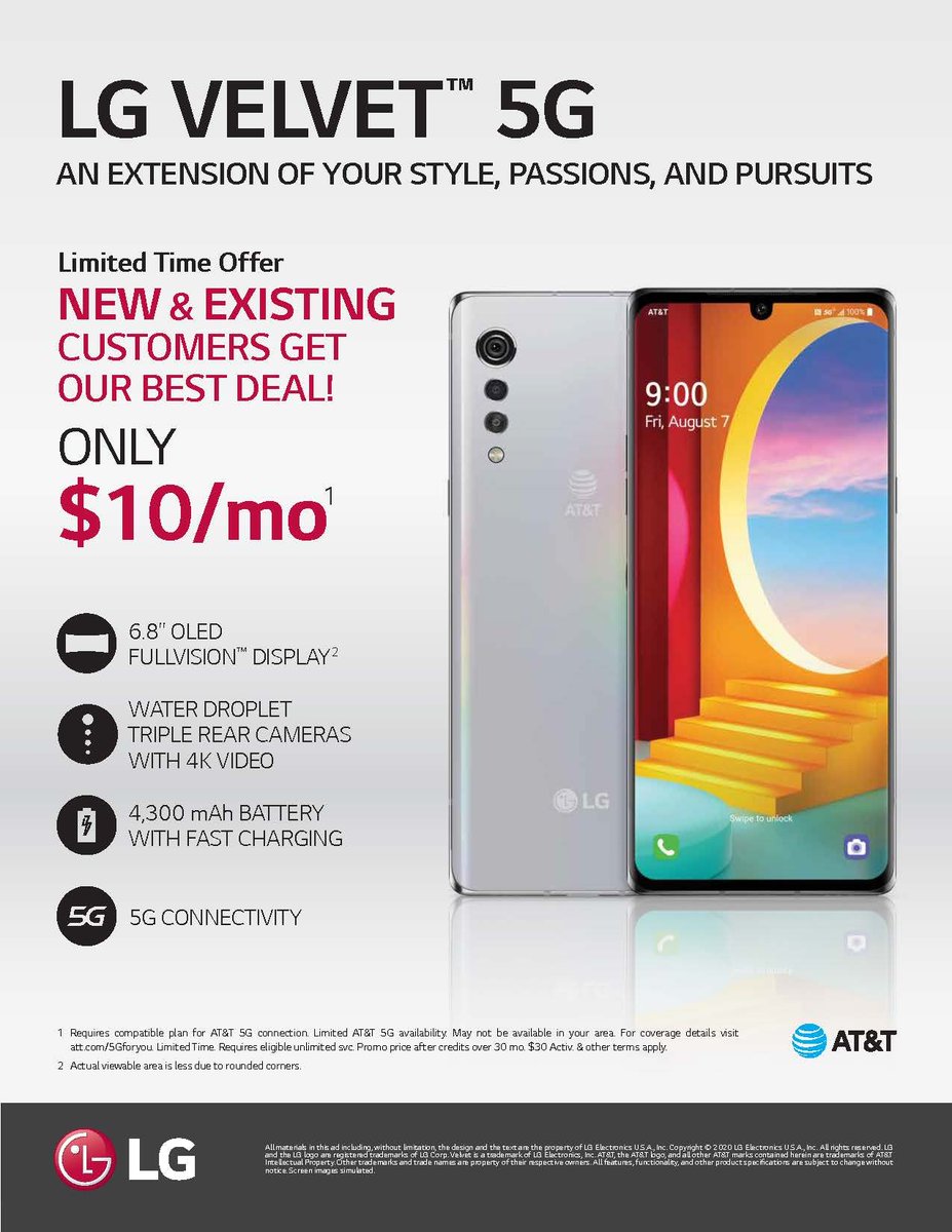 It's an exciting day in LG world!! Now, EXISTING customers can also get the $10/mo deal for VELVET 5G <a href="/ATT/">AT&T</a>. With All-Day Battery, 48MP, 8MP Ultra-Wide, 5MP Depth camera, you can take all the phenomenal pictures your Labor Day calls for~
