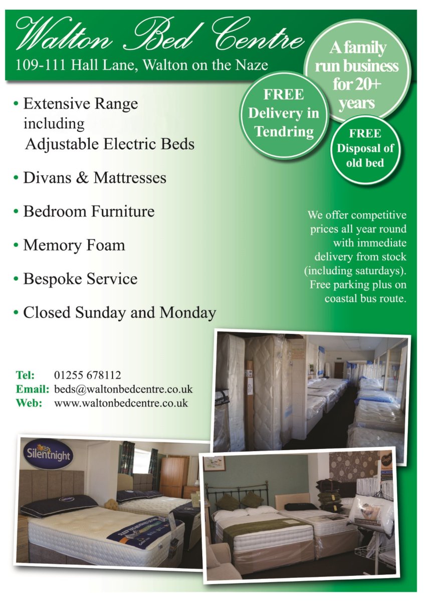 TendringMag's tweet photo. WALTON BED CENTRE🛌
Extensive range inc. Adjustable #Electric Beds
#Divans #Mattresses #Bedroom #Furniture #MemoryFoam
OPEN: Tues thru Sat
FREE Delivery in #Tendring
#WellBeing #HealthyLiving #Sleep🛌💤💤
#Weeley #Clacton #HollandOnSea #LittleClacton
#Frinton #WaltonOnNaze #Essex https://t.co/9geVXScefw