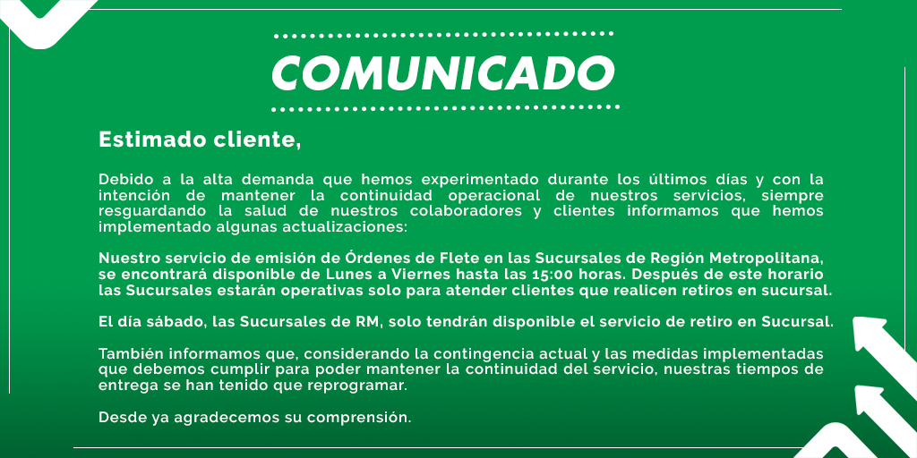StarkenCL's tweet photo. ¡Importante! Hemos implementado actualizaciones en nuestro servicio de emisión de Órdenes de Flete en Región Metropolitana. https://t.co/u33ZSQf6u6