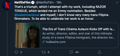 This "Filipinx" writes about the trans female gaze which is just the Male Gaze. He then shills his own tranny propaganda and bemoans the lack of representation of "trans filipina filmmakers".