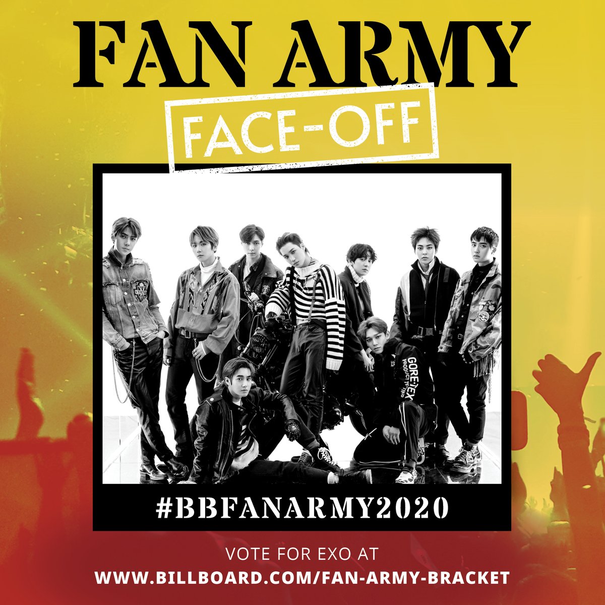 billboard's tweet photo. Will it be @weareoneexo’s #EXOL or @pledis_17’s #CARAT for this round of #BBFanArmy2020?

Cast your vote here: https://t.co/GnZdK7UasY https://t.co/zjssxTFGJx