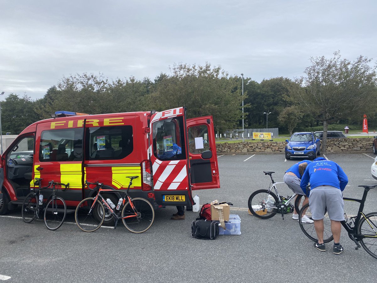 The team have arrived in Hayle, Cornwall where they spend the night before heading to Lands End first thing tomorrow morning ready to set off on their ten day challenge. They are building bikes and making final adjustments. Raising money for <a href="/firefighters999/">Fire Fighters Charity</a> @Kidscancer88