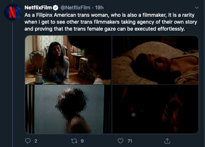 This "Filipinx" writes about the trans female gaze which is just the Male Gaze. He then shills his own tranny propaganda and bemoans the lack of representation of "trans filipina filmmakers".
