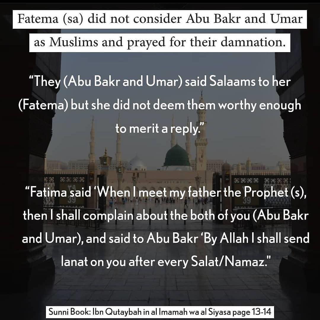 RafZak8's tweet photo. @QALBEHASNAINN We don’t insult Sunnis. We insult lovers of Abu Bakr & Omar. They were kafirs. I’m not saying that. Janabe Zahra (as) is saying that. https://t.co/XKqTnW5qJU