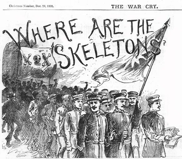 In 1881 in Weston-Super-Mare the Salvation Army’s opponents took on a new identity, calling themselves “The Skeleton Army” (and other groups quickly adopted the moniker in protests in other towns). 7/
