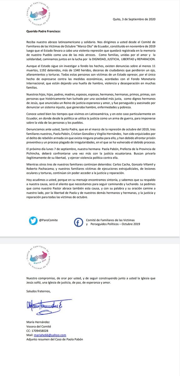 ParoComite's tweet photo. Frente a la persecución feroz del regimen a @PaolaPabonC y demás opositores hacemos  llegar nuestra preocupación y solicitud de ayuda a @Pontifex_es #NiUnPerseguidoMas 
@ONU_es
@DDHH_Alianza
@AsoVictimasdel1
@CIDH
@freddcarrion
@DEFENSORIAEC https://t.co/QLXyiYpmmk