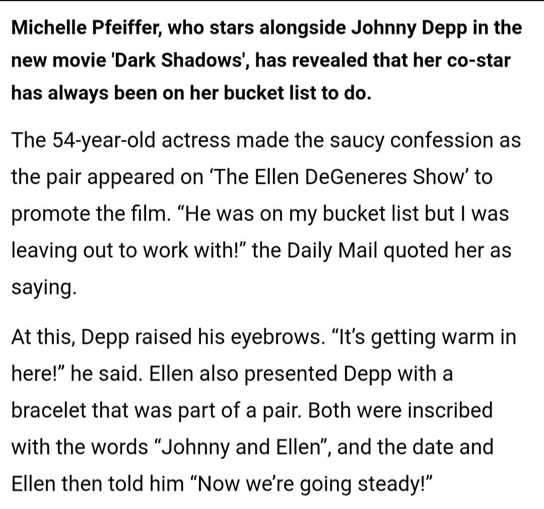  #MichellePfeiffer on  #JohnnyDepp"He was on my bucket list, but I was leaving out to work with!" #DarkShadows (2012) #MurderOnTheOrientExpress (2017)