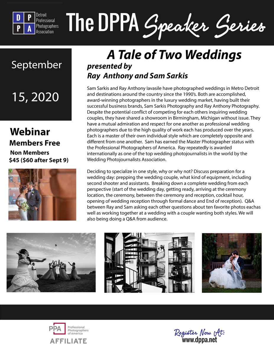 Sam Sarkis and I have completely opposite styles of wedding photography. Join us on 9/15 from 6-9pm as we compare, contrast and inspire! Find the registration on the Detroit PPA website.