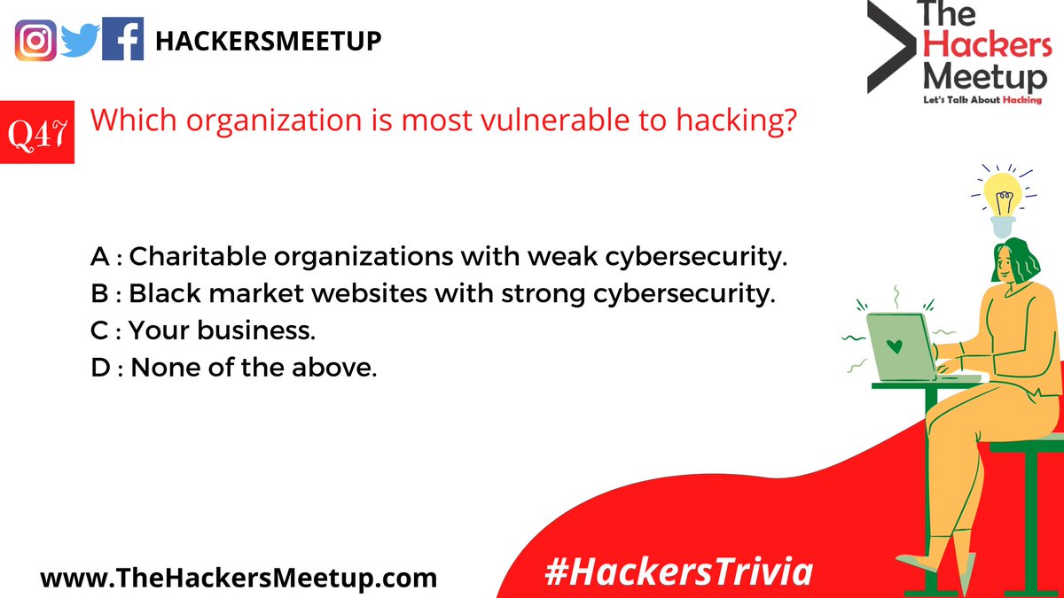 Hackers_Meetup's tweet photo. "Hackers Trivia" - Quiz Mania for Cyber Security Geeks."
#HackersTrivia #THMIndia #THMJuly2020 #TheHackersMeetup #HackFromHome #LearnFromHome #KeepHacking #THMExperts #EthicalHacking #CyberSecurity #SecurityVue #HackerSociety #MakingInternetSafe https://t.co/RArAevWTjG