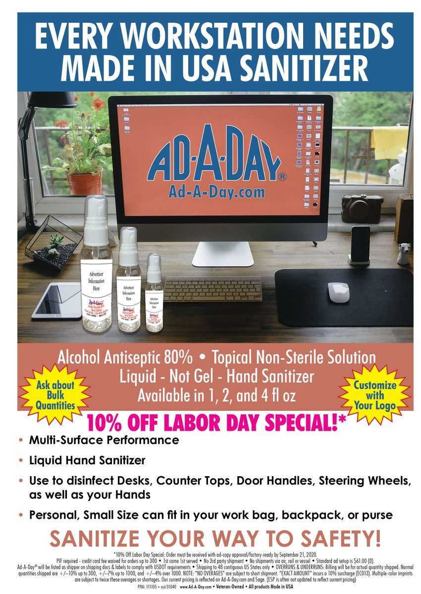 alwaysadaday's tweet image. JUST IN! 10% OFF LABOR DAY SPECIAL. Visit Ad-A-Day.com for details. #handsanitizer #promotion #sanitizer #promoproducts #Marketing