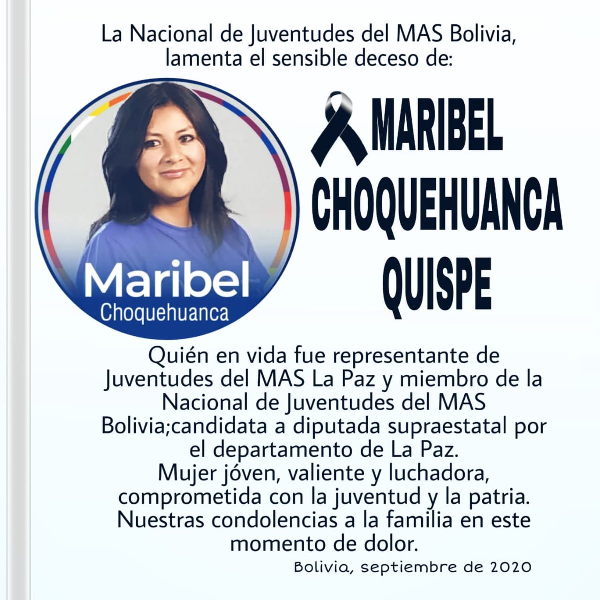 BoJuventudesMAS's tweet photo. ⚫ Querida hermana Maribel,  te conocimos muy joven, militando siempre junto a tu gente, con ese espíritu  tan valiente que te caracterizó. Nos duele tu partida y nos queda cada recuerdo de la gran mujer y líder que fuiste.
Vuela alto hermana Maribel! https://t.co/ntdMyG6OLv