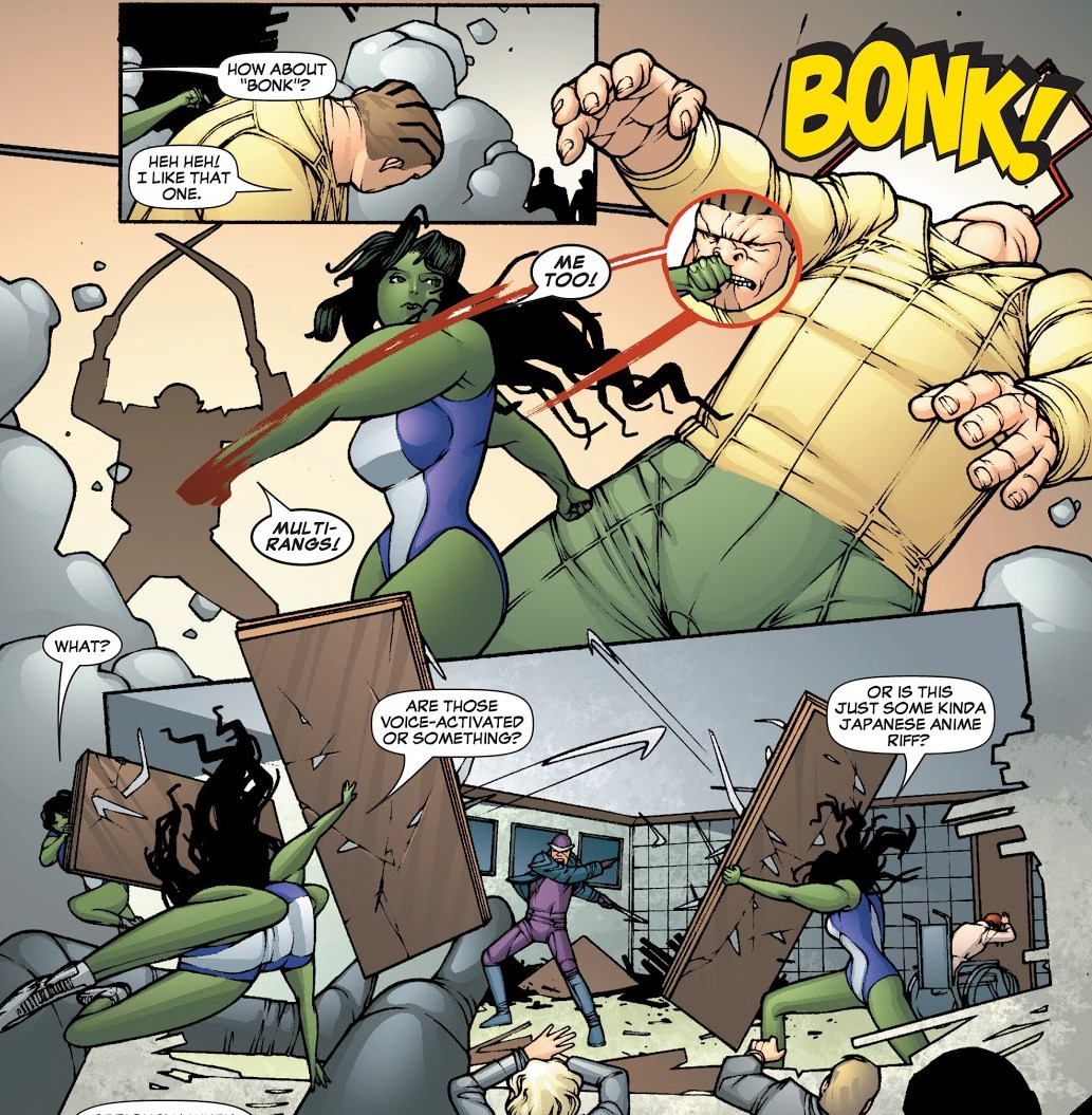 the big noise was a scuffle below whereGTS ALERTstature got big and tried to attack a supervillain being interviewed. and the trades that saved the guy's life from boomerang are from the 2004 she-hulk run! second post in this thread has that exact cover