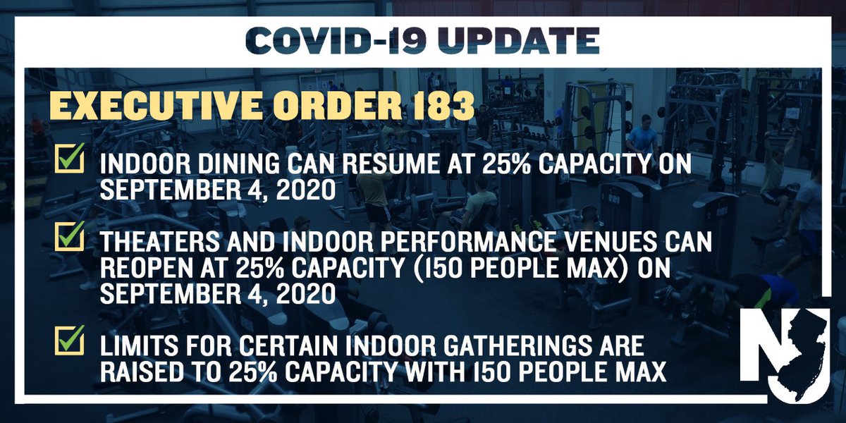 GovMurphy's tweet photo. EFFECTIVE TODAY:
🍽️ Indoor dining can resume at 25% capacity
🎟️Movie theaters and indoor performance venues can reopen at 25% capacity – with 150 people maximum
 
Social distancing and masks are required.
 
Learn more: https://t.co/oK8UDOyHwb https://t.co/0kZRZVe5jG